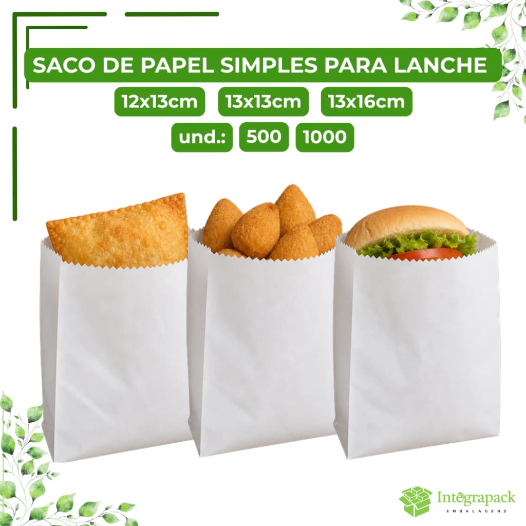 Saco de Papel Branco Simples para Lanche Doce Pastel Padaria Lanchonete Delivery