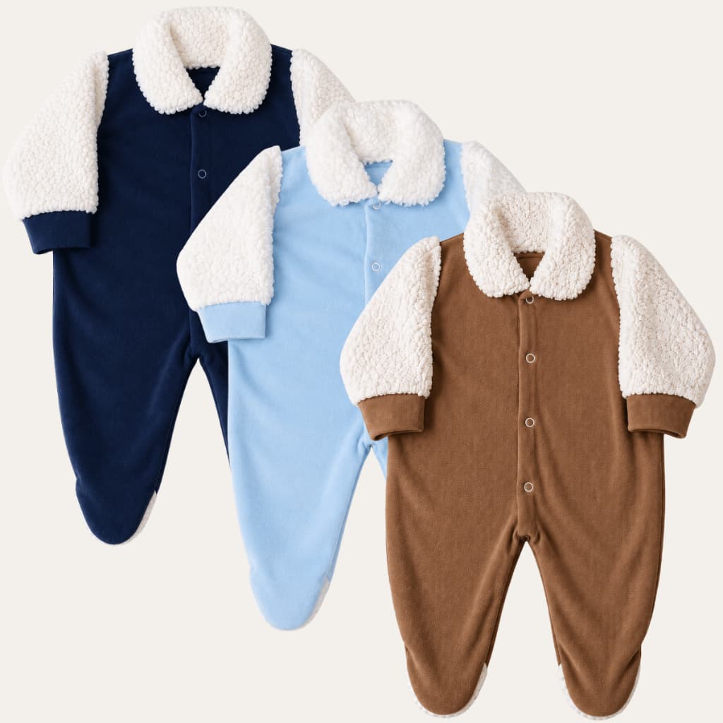 Kit 3 Macacão de Bebe em Plush com Gola e Manga de Pele de Carneiro Menino (P/M/G)
