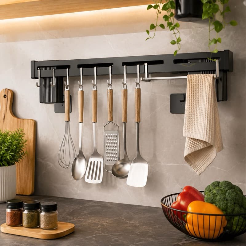 Suporte Organizador Porta Utensilios Cozinha 8 Ganchos De Parede Inox Pendurar Concha Pegador Escumadeira Talheres