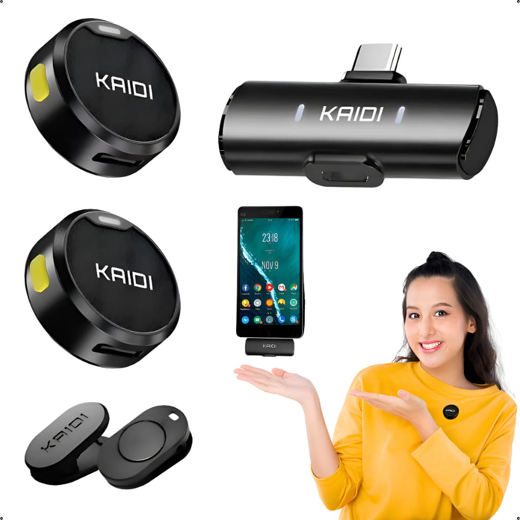 Microfone Lapela Sem Fio Kaidi Com Tipo-c ou Lightining  Ideal para gravações, entrevistas, lives, vídeos e muito mais