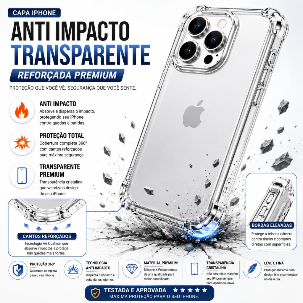 Capa Anti Impacto iPhone 17 17 Plus 17 Pro 17 Pro Max Transparente Premium