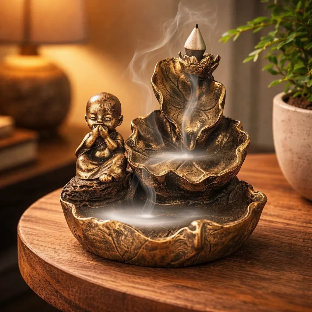 Incensario Cascata Folha Buda Chines Mudo em Resina Dourado