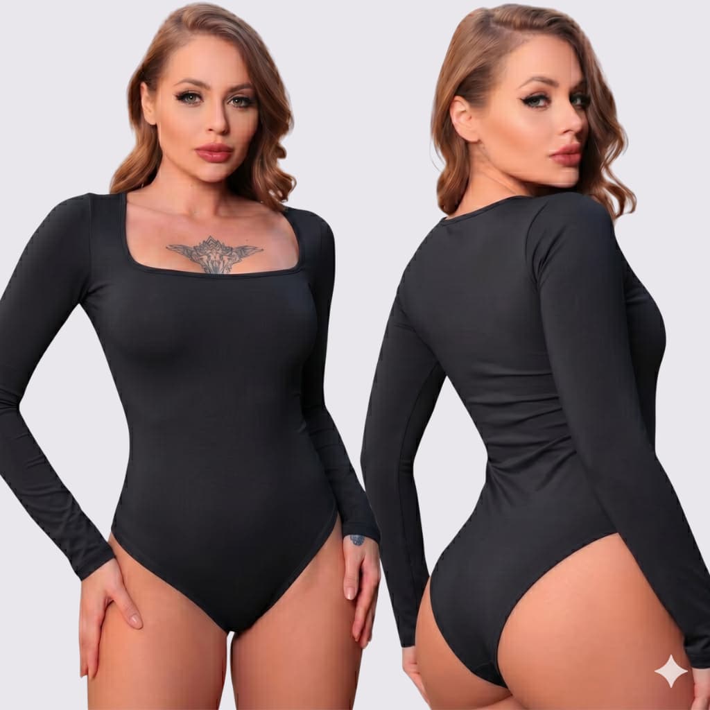 Body Manga Longa Feminino Bori Gola Quadrada Segunda Pele Justo Suplex Premium Luxo