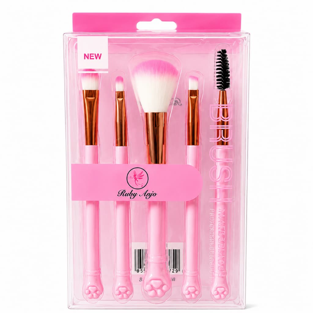 Kit Pincéis Maquiagem Ruby Anjo 5 Peças Profissional Rosa Base Pó Blush Sombra Esfumar
