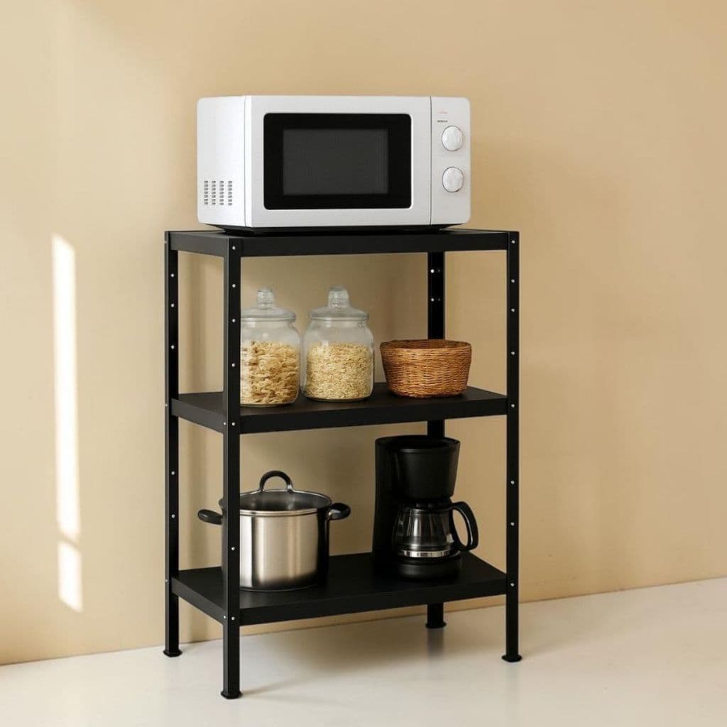 Estante para Microondas Ferro 3 Prateleiras Organizador Cozinha Balcão Multiuso Industrial Preta