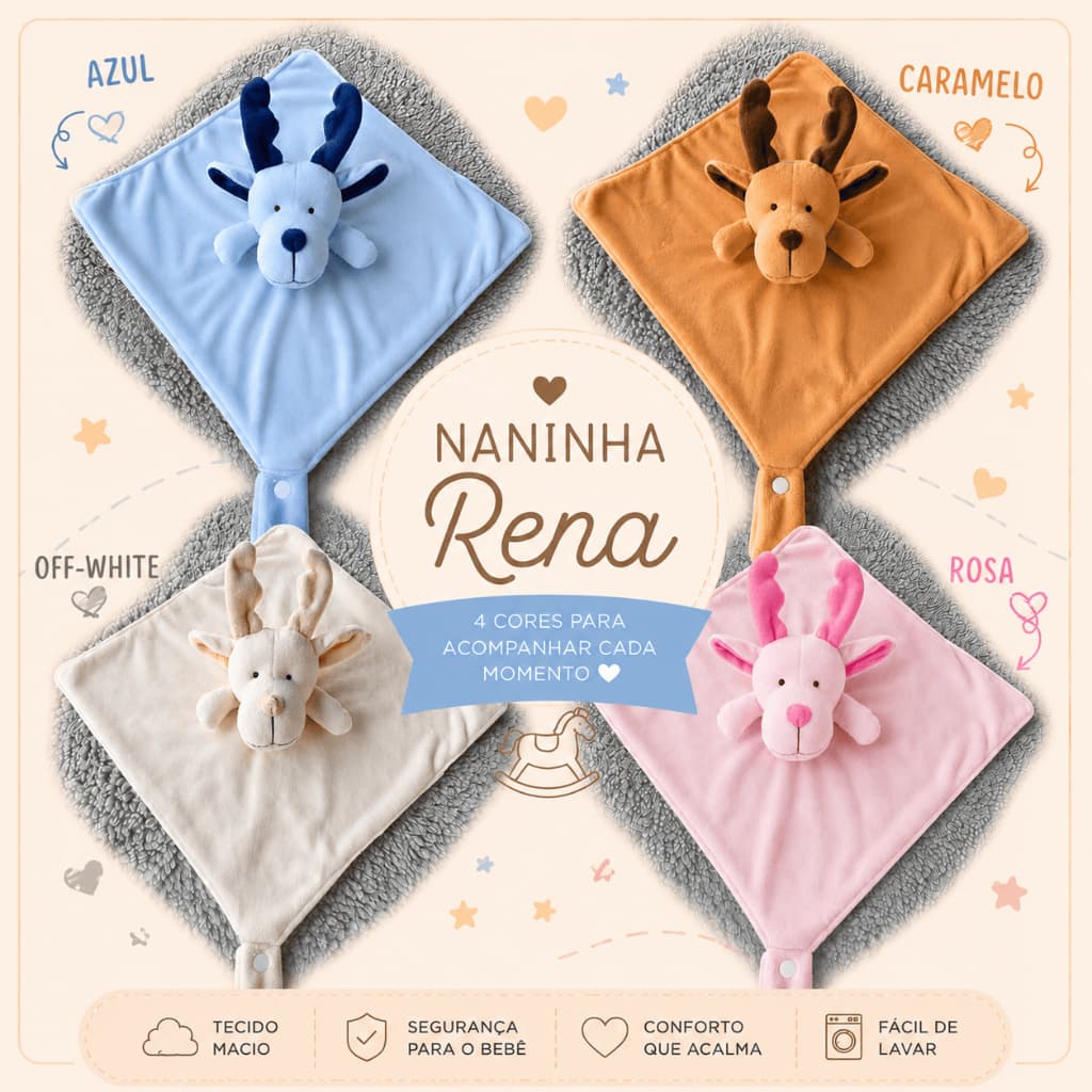 Naninha Bichinhos Bebe em Plush Prendedor Chupeta Rena Azul Caramelo Palha Rosa