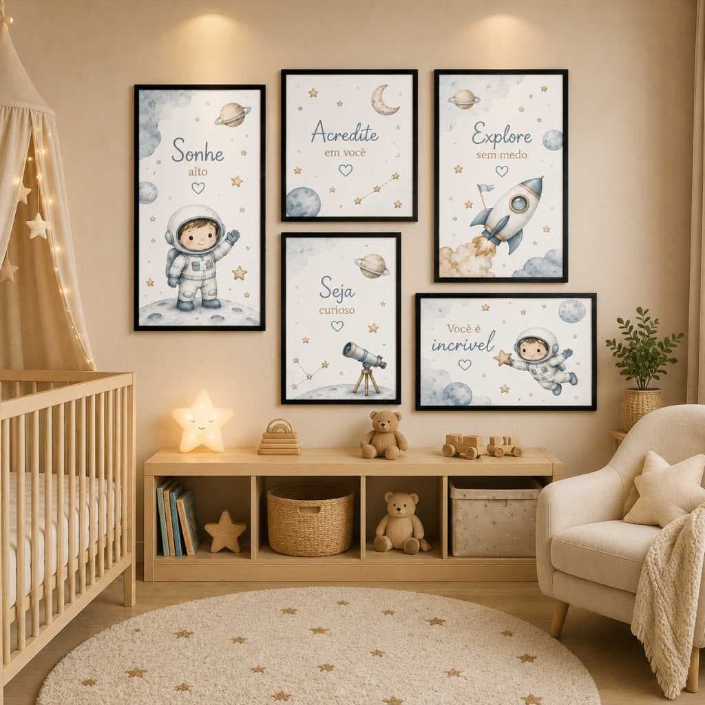 Kit Quadros Decorativos Menino Astronauta Sonhe Espaço Aquarela Minimalista Infantil