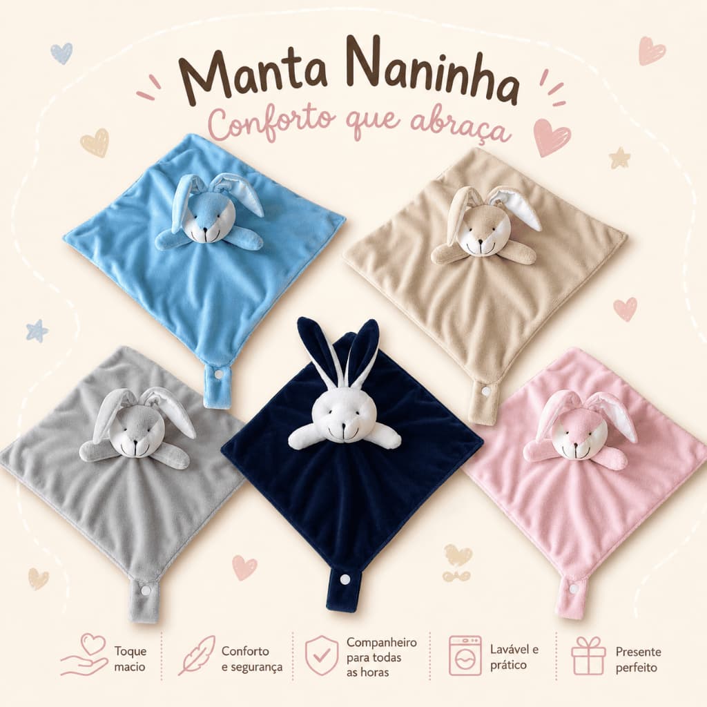 Naninha Bichinhos Bebe em Plush Prendedor Chupeta Coelho Rosa Azul Marinho Bege Cinza