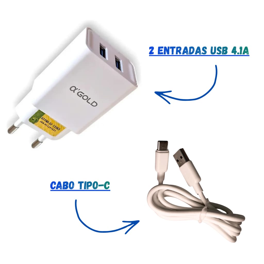 Carregador Rápido Agold CA28-3 Tipo-C 4.1A 2 USB Premium