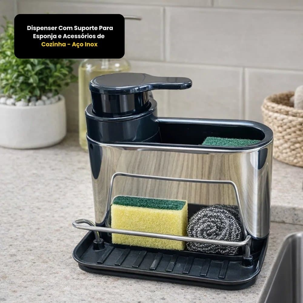 Porta Detergente Rack De Cozinha Organizador Dispenser De Sabão Aço Inoxidável Para Pia 3em1