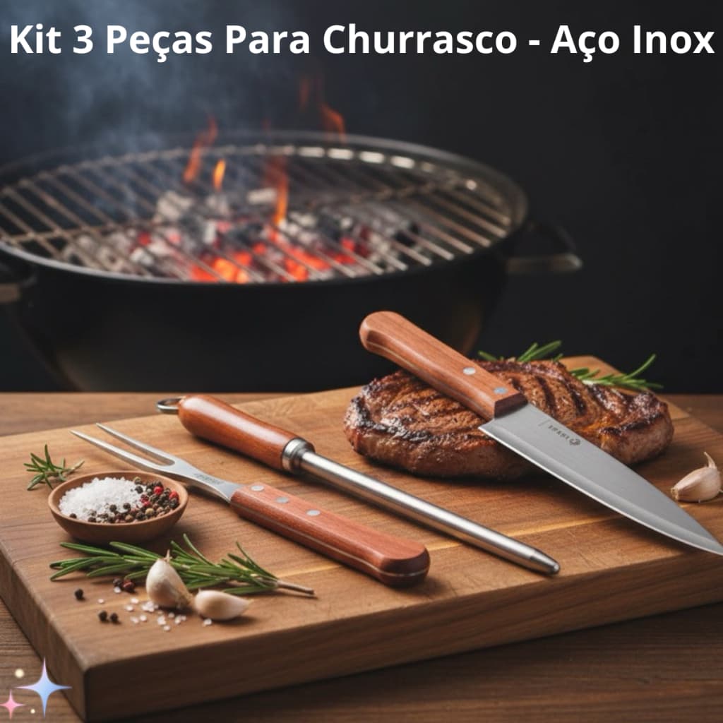 Kit Churrasco Faca Garfo Chaira Inox Cabo Madeira Profissional 3 Peças