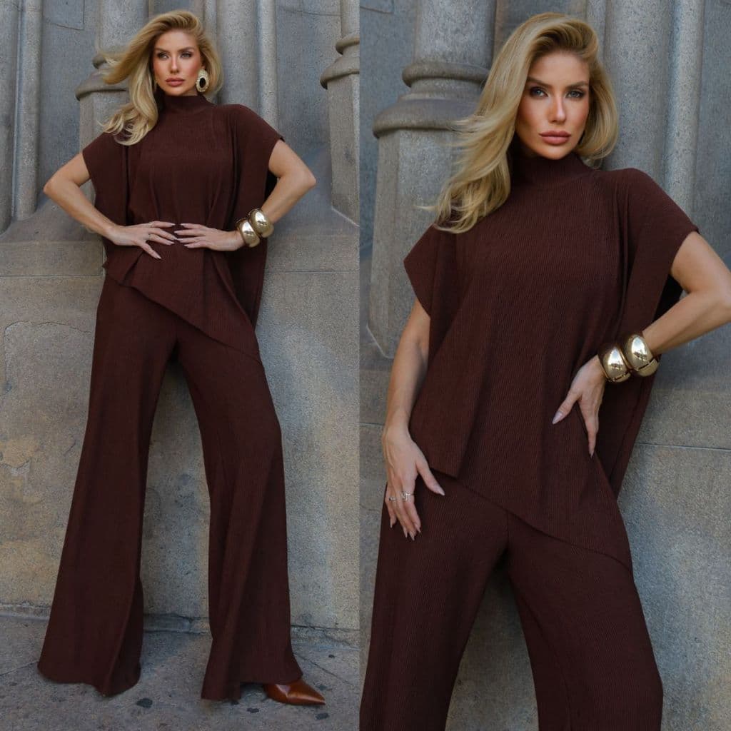 Conjunto Feminino Soltinho Blusa Assimétrica com Gola Elegante Calça Pantalona Confortável Malha