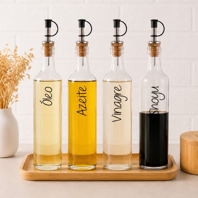 Galheteiros de Vidro 500ml | Bico Dosador Cortiça | Vinagre | Azeite | Shoyo | Óleo | Kit