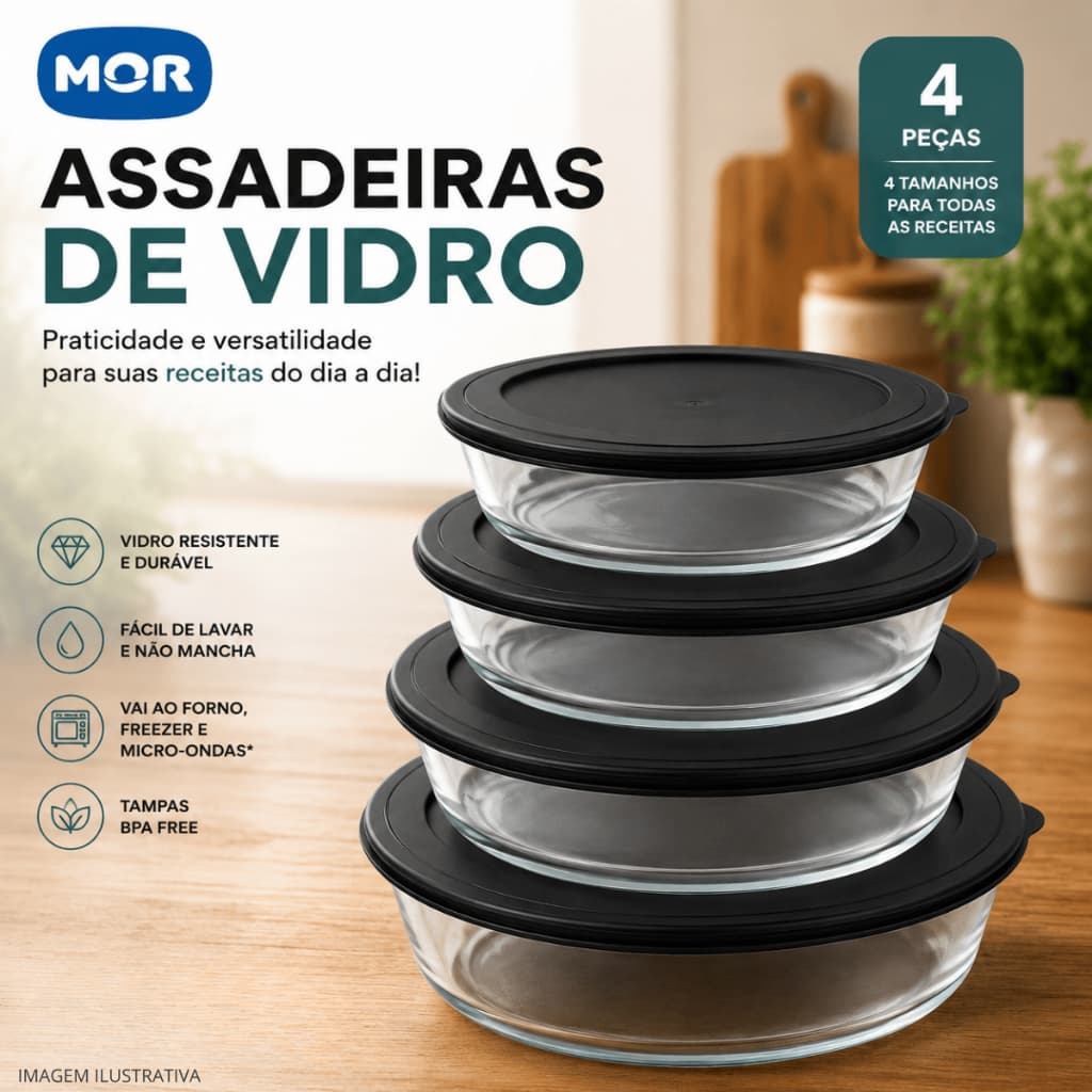 Jogo 4 Assadeiras Oval de Vidro Mor com Tampa – Refratário Travessa para Forno e Mesa 1,6 L a 4 L