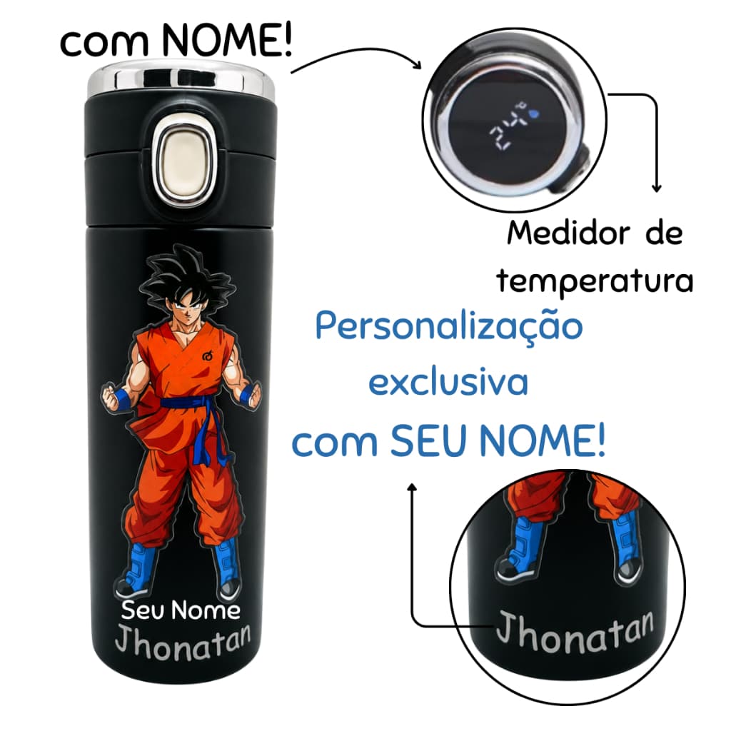 Garrafa Térmica Inox  DRAGON BALL GOKU Com NOME Termômetro Digita e Led Trava de Segurança Personalizada Adulto Infantil
