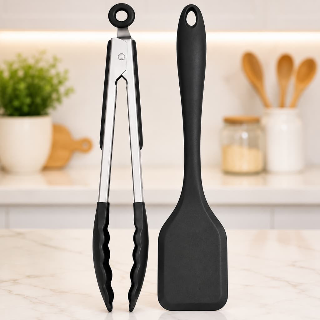 Kit Utensílios Silicone Premium 2 Peças Espatula reta + Pegador Resistente ao Calor Não Risca Panela