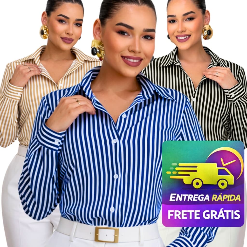 Camisa Listrada Feminina Manga Longa Social Casual Elegante do M G GG G1