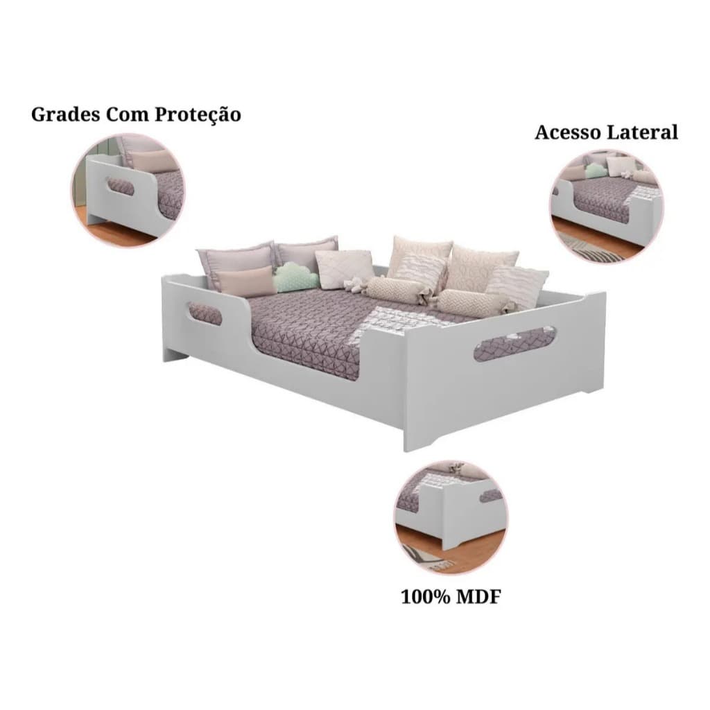 Cama Casal Montessoriana Infantil Princesa Grade de Proteção Lateral Menina Moderna MDF - Branco