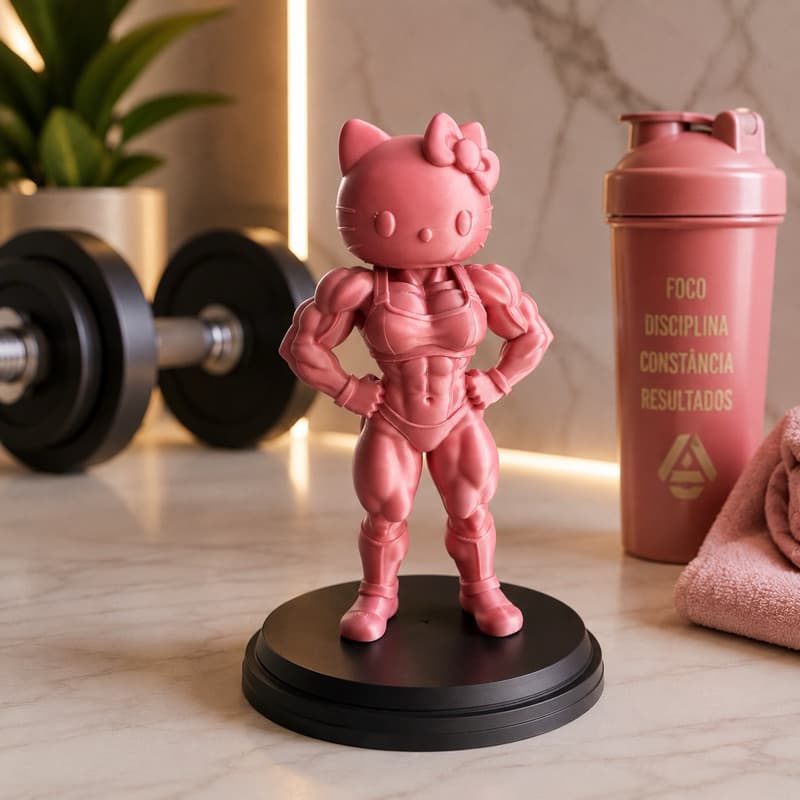 Hello Kitty Maromba Musculosa 17cm – Escultura Decorativa Fitness Premium Rosa e Branca