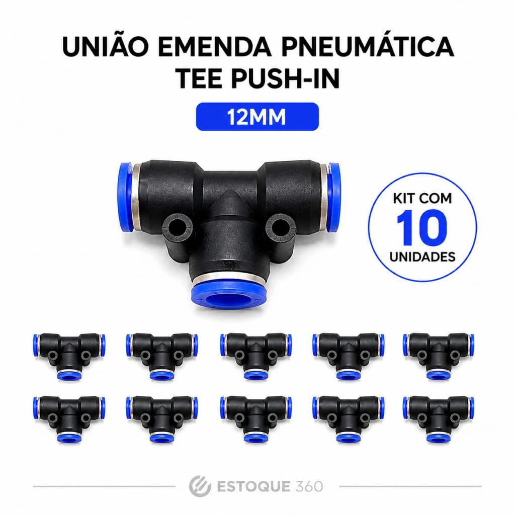 10 Unidades - Kit União Emenda Pneumática Tee 12mm (push-in)