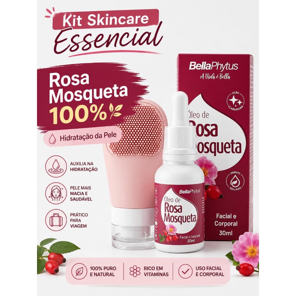 Kit Óleo Rosa Mosqueta 30ml + Frasco Silicone 60ml Viagem Hidratação Pele