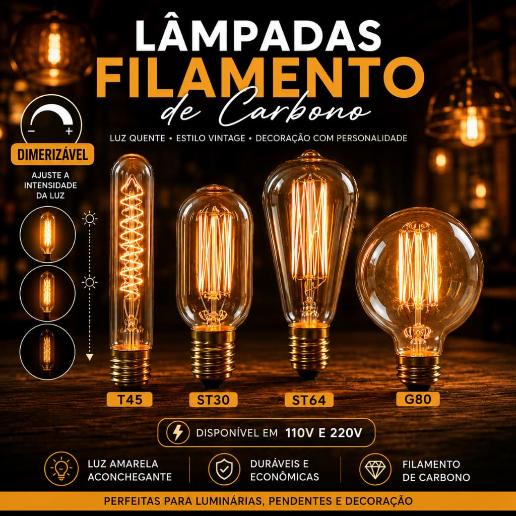 Lâmpada Vintage Retrô Filamento Carbono Dimerizável 2400K Luz Quente G80 ST64 T45 ST30
