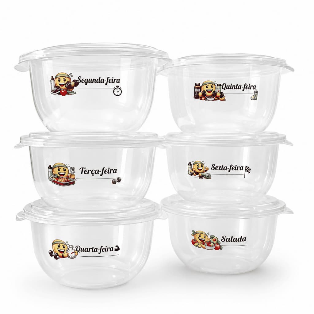 Kit 6 Potes Marmita 1000ml 1L com Tampa Dias da Semana Meal Prep Dieta Academia Plastico PP