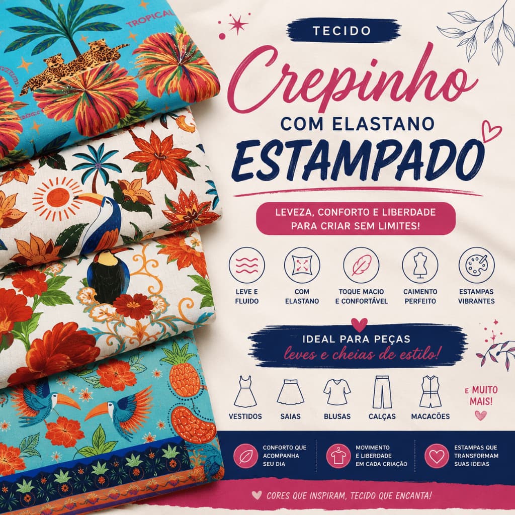 Tecido Crepinho com Elastano Estampado – Tropical Premium