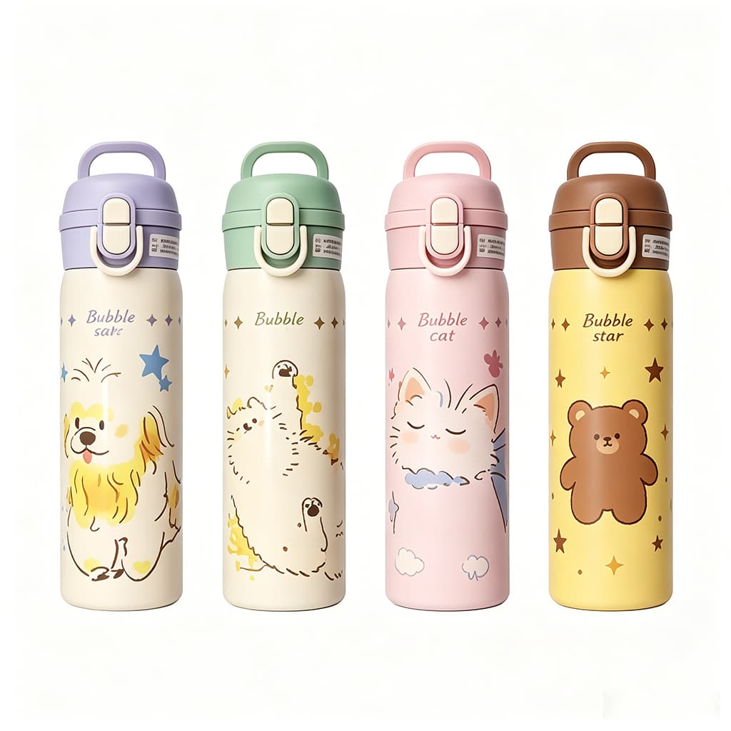 Garrafa Térmica Infantil Inox com Canudo Trava: 350ml/500ml, Estampados Adoráveis