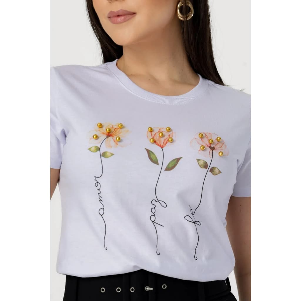 T-SHIRT FLORES PEROLAS PAZ FE AMOR SAUDE