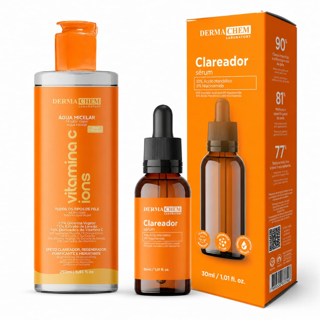 Kit Skincare Vitamina C Dermachem: Água Micelar 250ml + Sérum Clareador Facial Anti Manchas e Iluminador