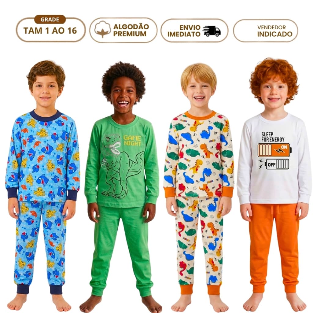 Kit 4 Peças Conjunto Pijama Infantil Menino Inverno Roupa de dormir Frio Algodão Dino 2 Camiseta 2 calça