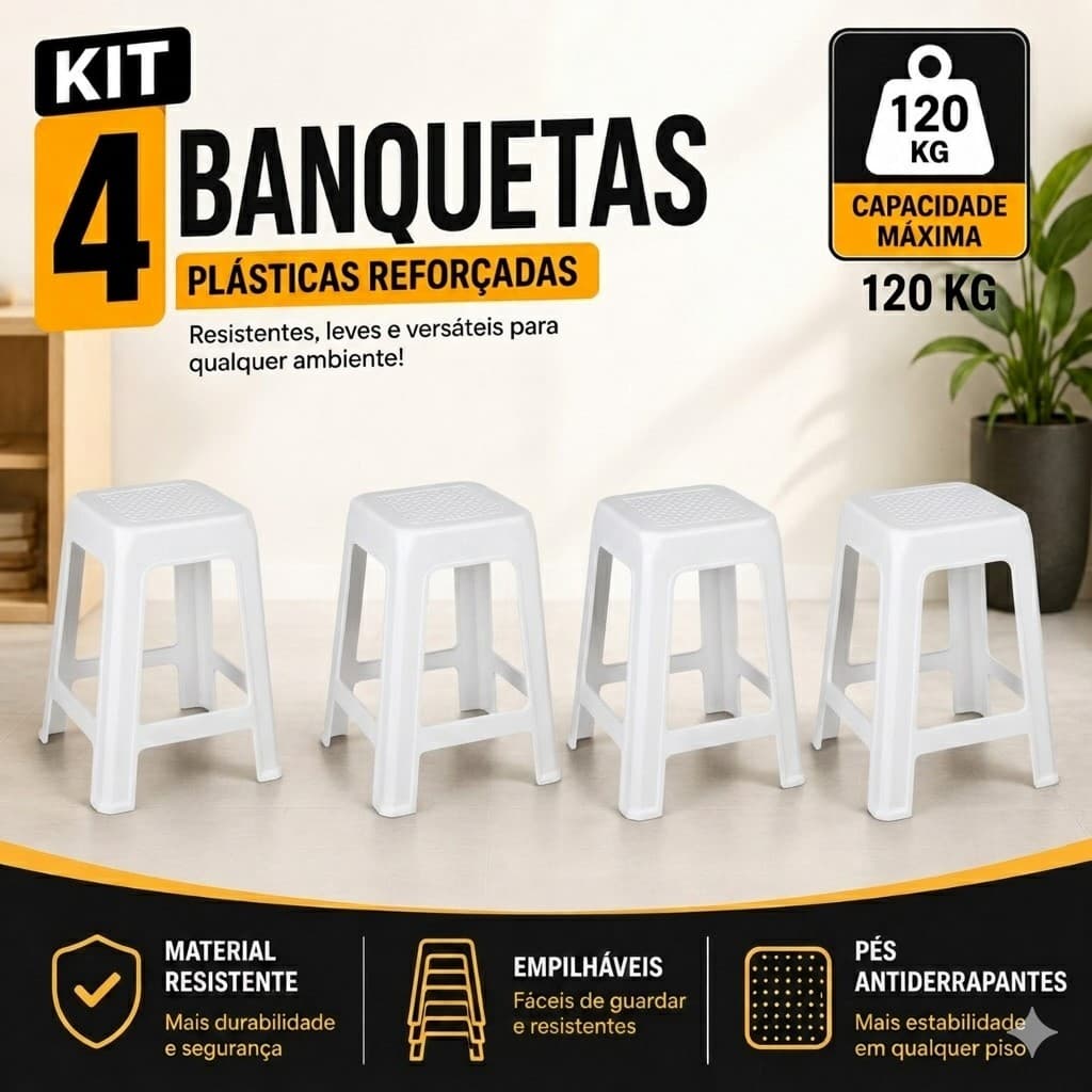 Banquetas Plásticas Brancas Reforçadas Banco Empilhável Área Gourmet Cozinha