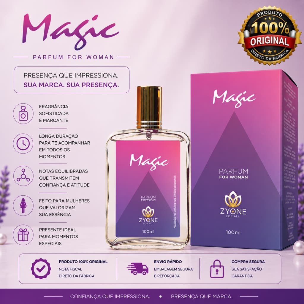 Perfume Magic Feminino Zyone Alta Fixação 25% de Essência Importada Parfum