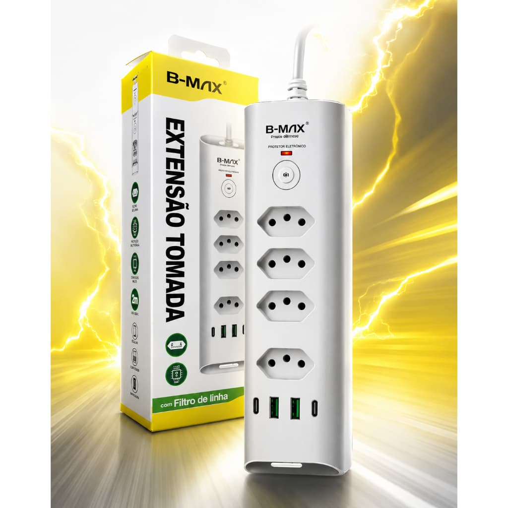 EXTENSÃO DE 2MT COM 4 TOMADAS 2 DE 10A E 2 DE 20A - 2 ENTRADA USB C E DUAS ENTRADA USB PROTEÇÃO CONTRA SOBRECARGA