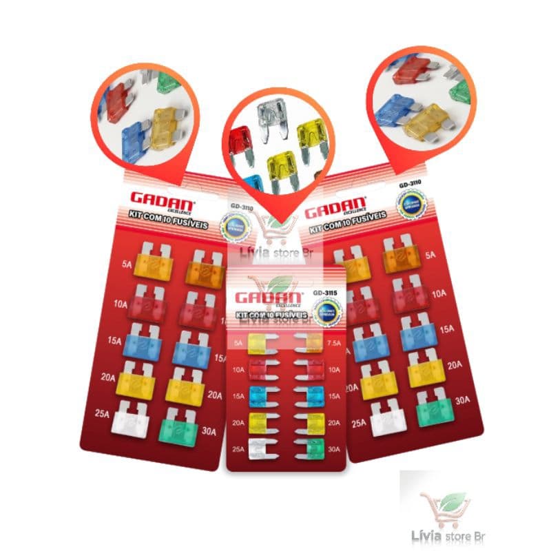 Kit 50 Fusíveis Para Carro/Moto Mini e Padrão Lâmina Colorido + Teste 12v Carro Moto Caminhão 5A a 30A