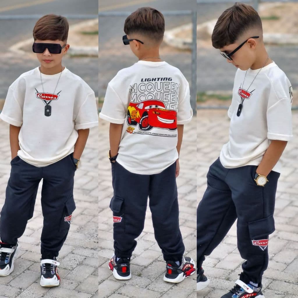 Conjunto Infantil Menino Mauricinho Camisa de Malha e Calça de Moletinho Estampa Carros 4 a 12 Anos