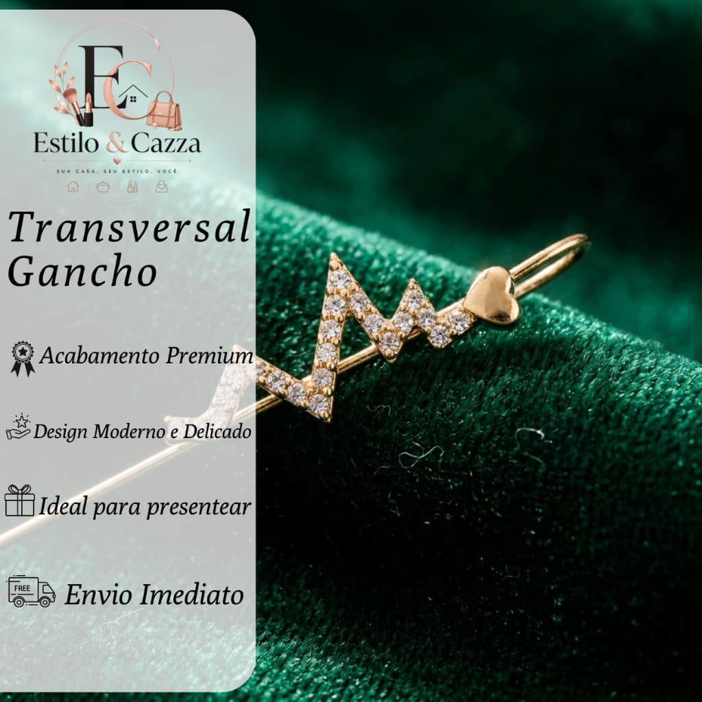 Brinco Transversal Gancho Ear Cuff Feminino Raio Coração Strass Tendência Blogueira