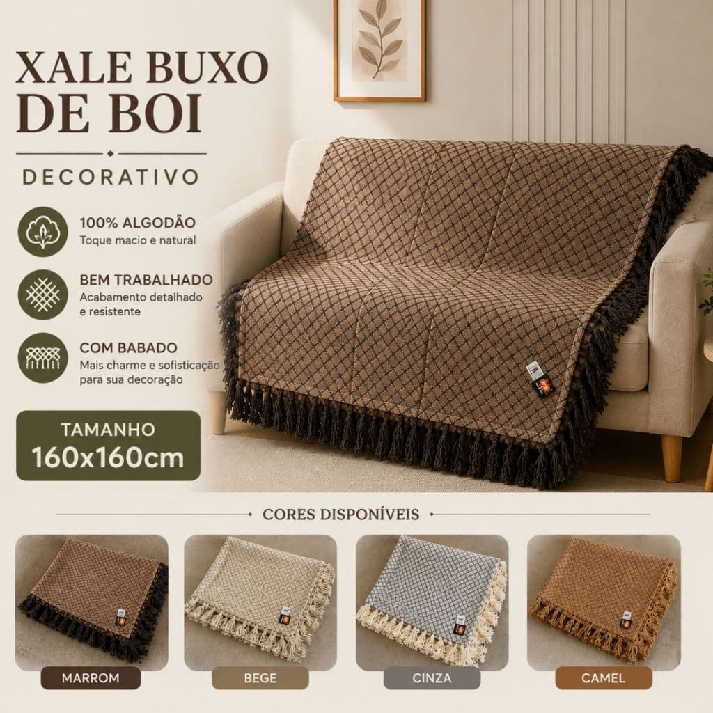 Xale Buxo de Boi Decorativo Sofá 160x160 100% Algodão Manta Com Babado Capa Moderna