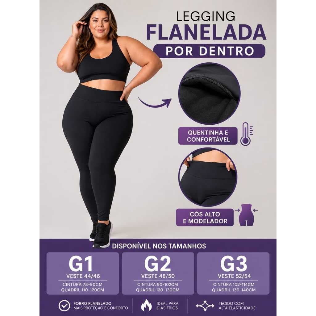 Legging Plus Size Peluciada Grosso Em Suplex Macio Flanelada Cintura Alta Zero Transparencia G1 G2 G3 leg plus size