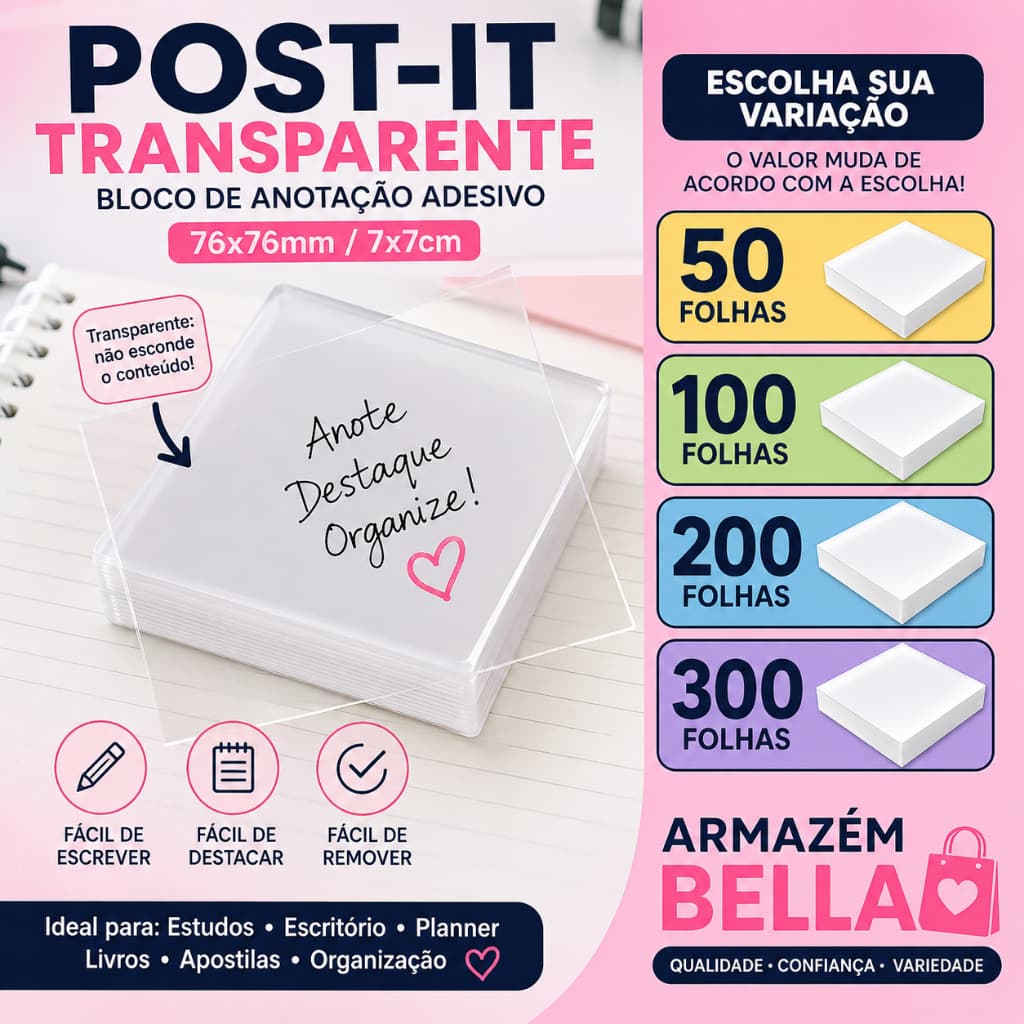 Post It Transparente Bloco Adesivo 76x76mm Para Estudos Papelaria Planner 50 100 200 300 Folhas