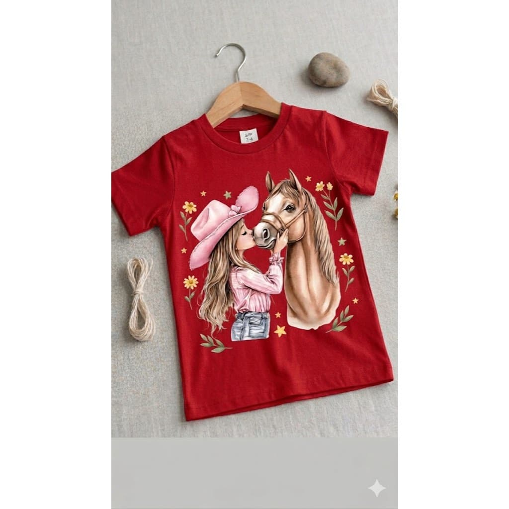 Camiseta Infantil Menina e Cavalo Cowgirl Vermelha Estampada Manga Curta Baby Look 2 a 16 Anos
