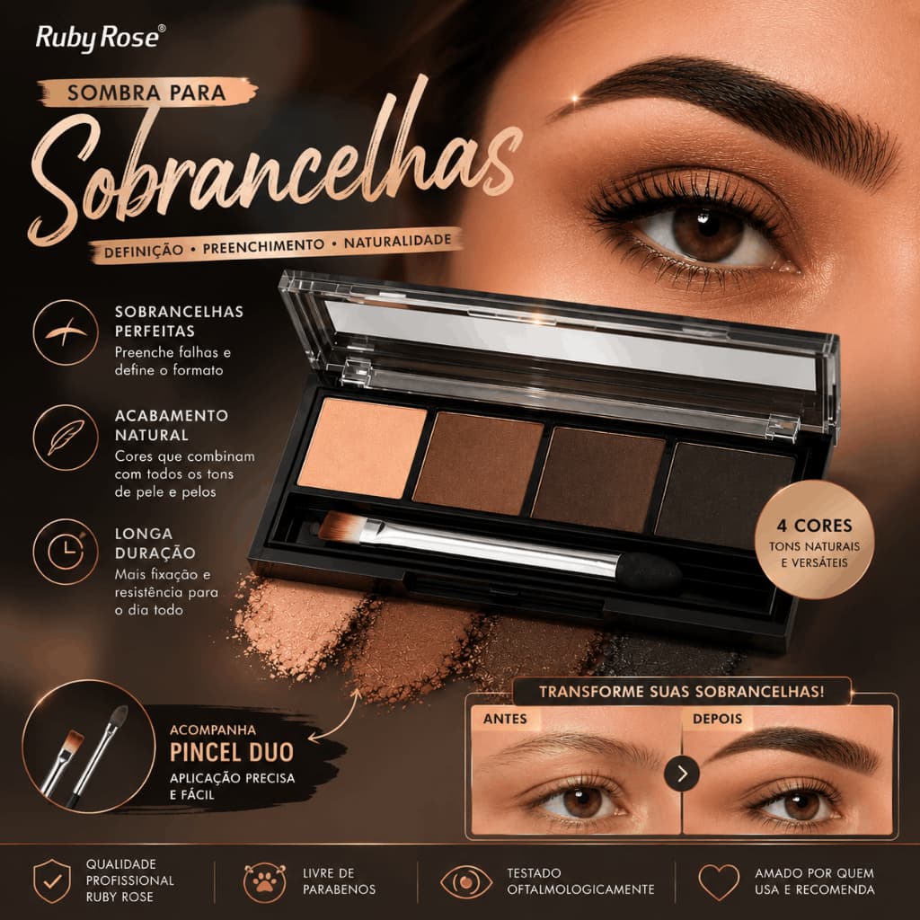 Paleta De Sombra Para Sobrancelha Ruby Rose Preenche Falhas Com Primer /Pincel Duplo 4 Cores Natural