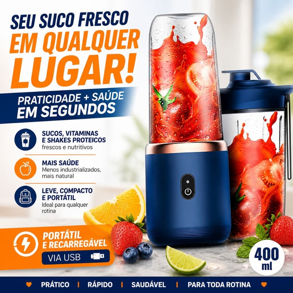 Liquidificador Portátil USB 400ml Mini Blender Recarregável Mixer Suco Shake Academia Azul