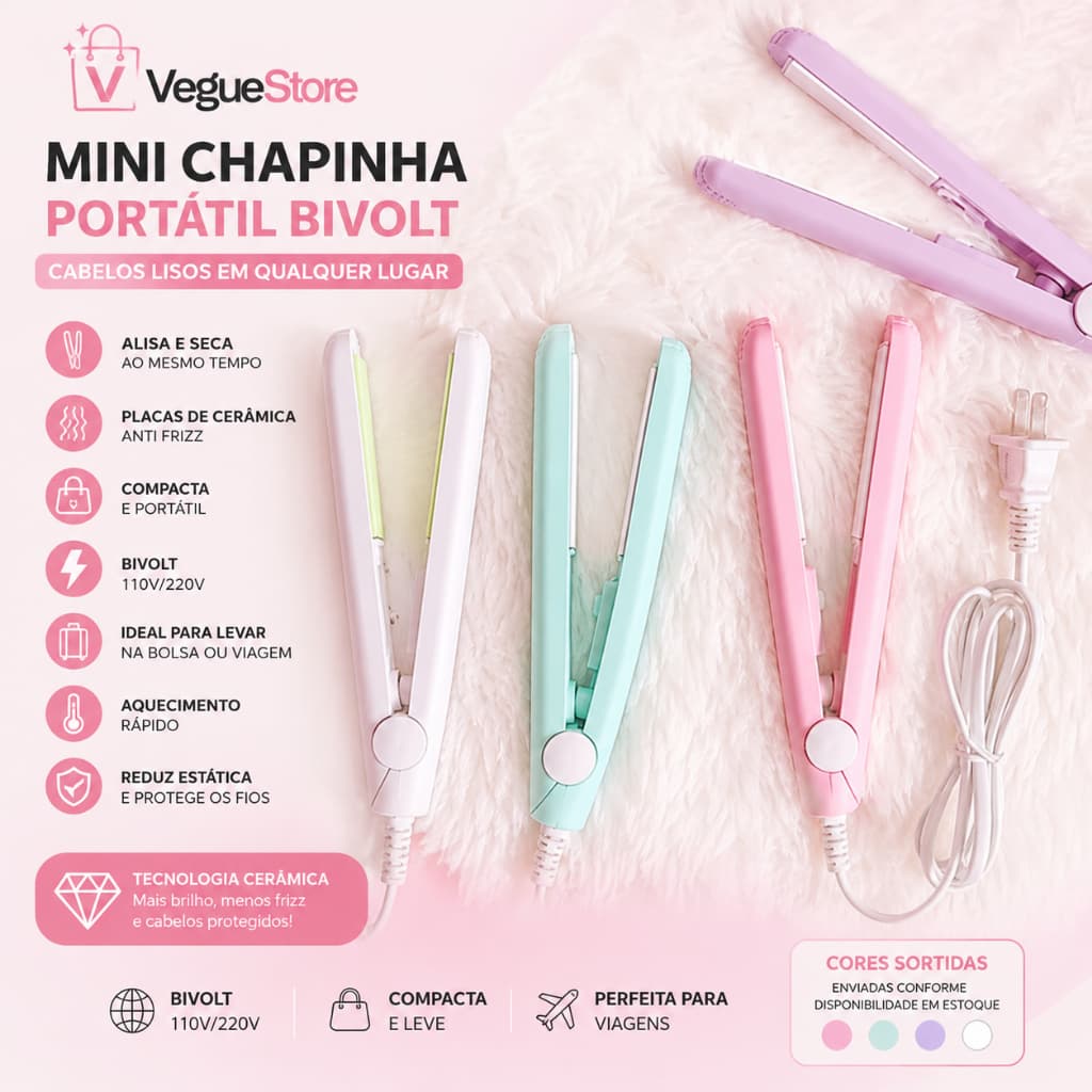 Mini Chapinha Portátil Bivolt Cerâmica Alisa e Seca Anti Frizz Compacta Para Bolsa