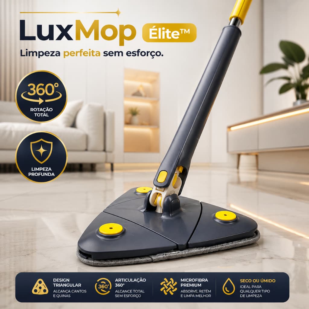 Mop Giratório 360° Triangular LuxMop Élite™ Limpeza Profunda Multiuso com Microfibra Lavável para Cantos Embaixo móveis
