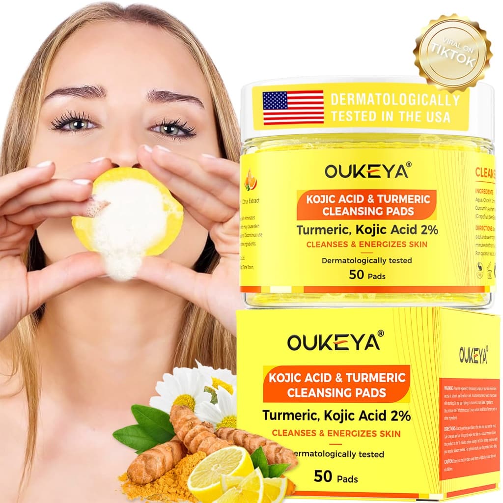 OUKEYA Discos Limpeza Ácido Kójico 2% Cúrcuma Clareador Esfoliante Rosto 50 Pads