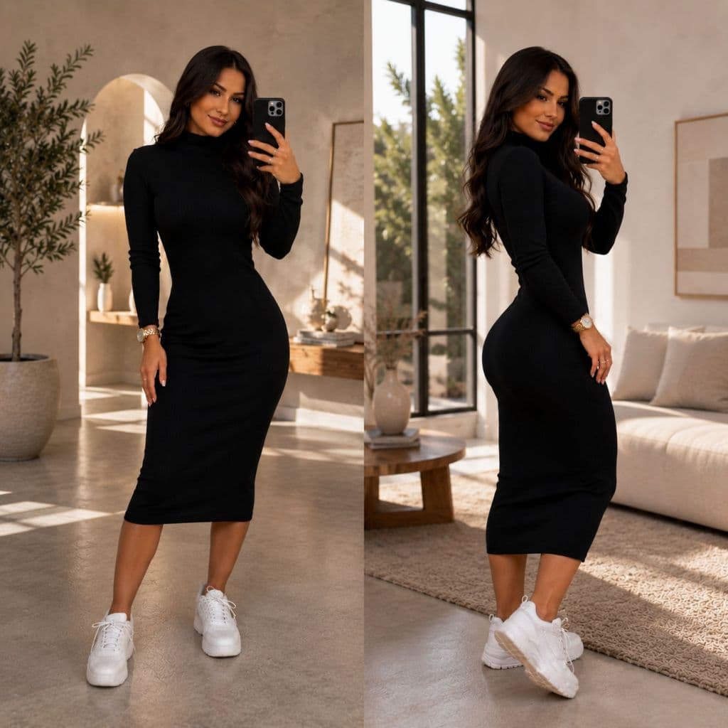 Vestido  Midi Feminino Manga Longo Canelado  Elegância e Conforto e Estilo Frio Inverno Moda Gringa