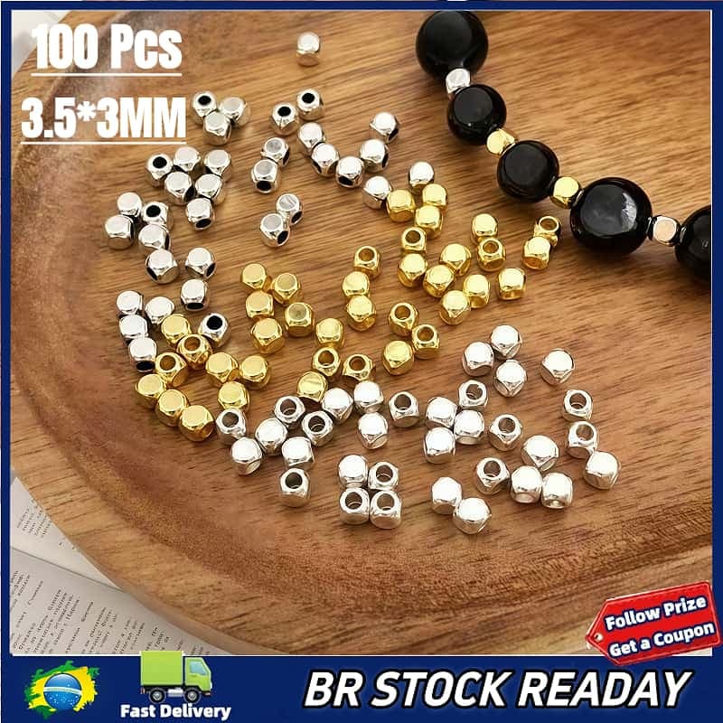 ✅[BR Seller]100 pcs Cubo Prata Dourado 3.5x3mm Espaçador Metal para Pulseira Colar Joias Artesanato