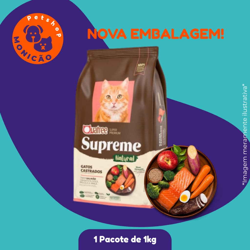 Quatree Supreme Salmão & Batata Doce para Gatos Adultos Castrados - 1KG